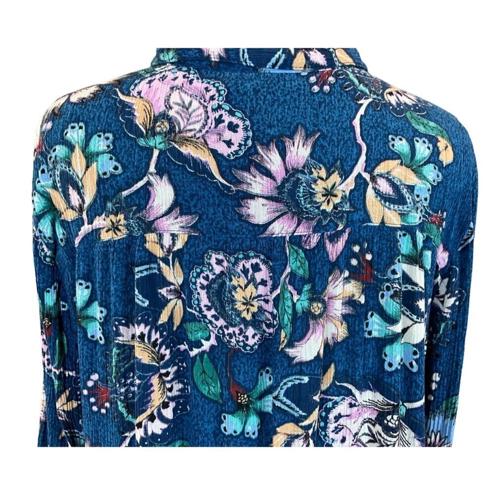 Vintage America Blues Floral Button-Up Blouse Tie Sleeves Vibrant Blues Pinks LG - Picture 7 of 10